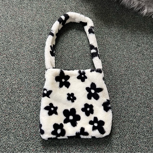 Fuzzy Furry Soft Black & White Floral Cow Print Medium Casual Shoulder Tote Bag - Picture 6 of 16